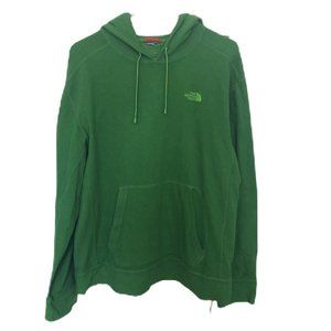 green hooded north face pull over